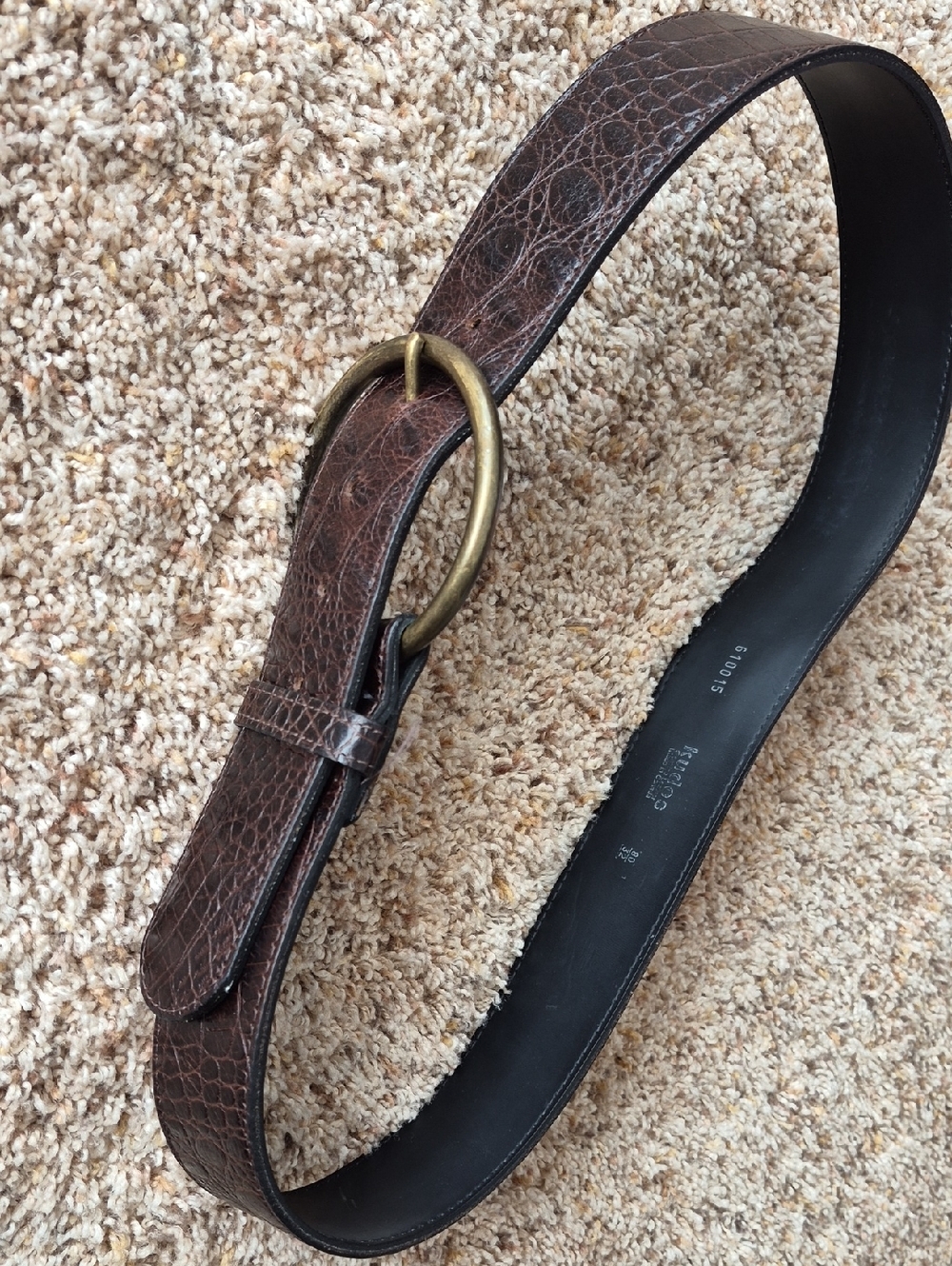 Women's Dark Brown Textured Leather Belt with Antique Brass Ring Buckle